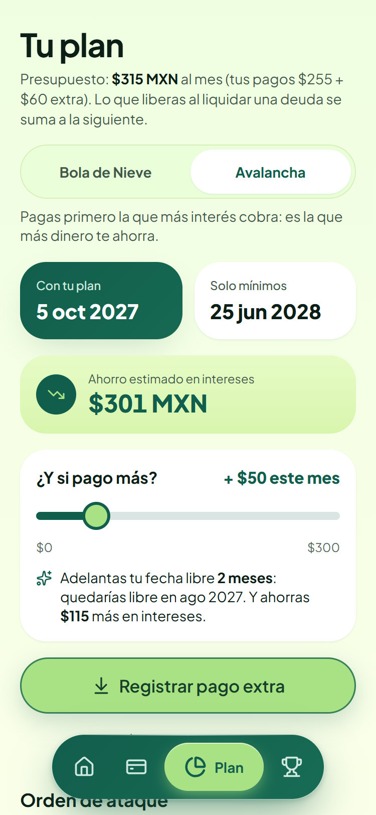Plan: comparación con solo mínimos y simulador de pago extra